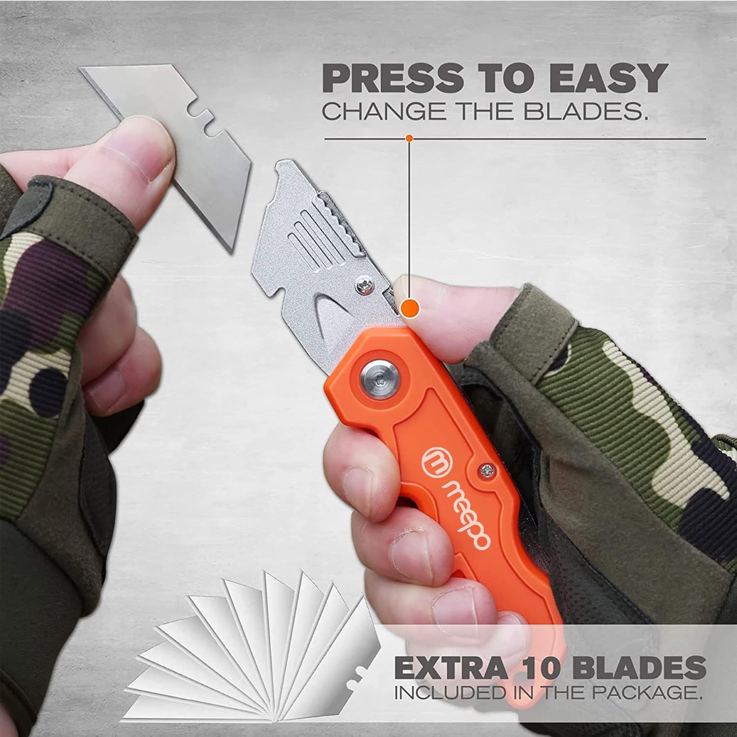Demonstrates how simple it is to change the blades by pressing a button, reassuring shoppers that blade replacement is quick and effortless. Informs shoppers…