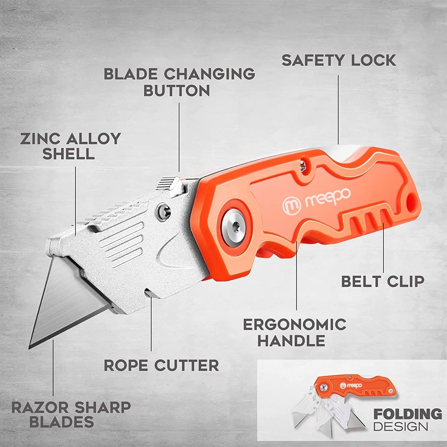 This image breaks down the utility knife's physical components and structural features to help shoppers understand the product's construction, safety…