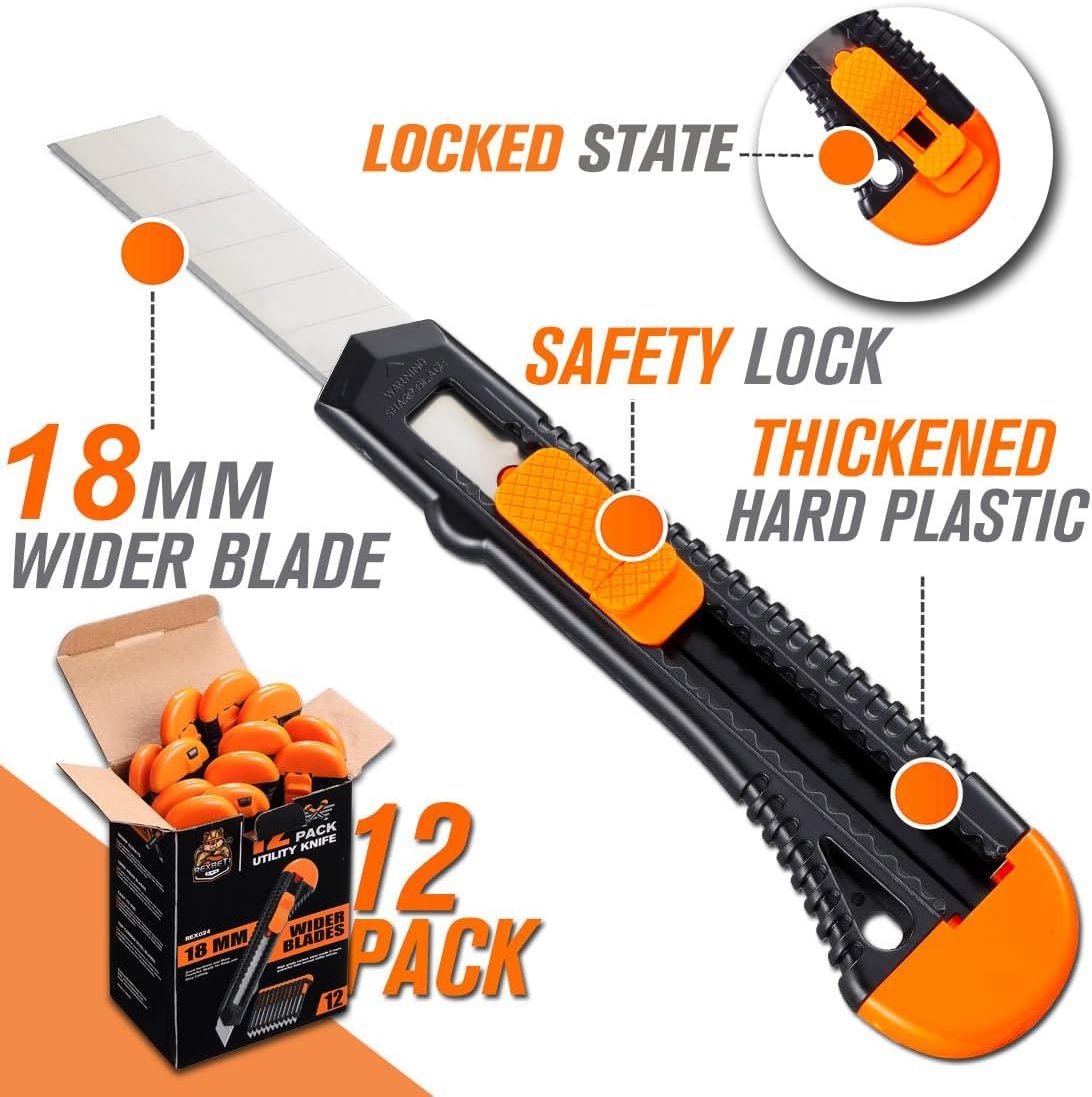 Communicates multiple distinct product benefits in a segmented layout to show shoppers the utility knife's superior blade width, safety features, durable…