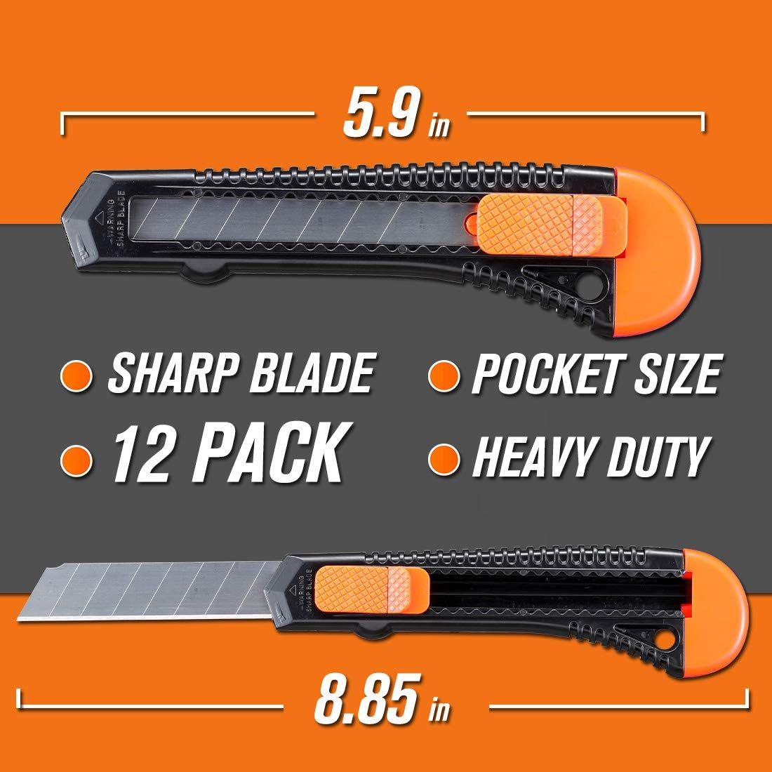 Communicates the exact physical dimensions of the utility knives (5.9 inches and 8.85 inches) to help shoppers understand the product size and portability.…