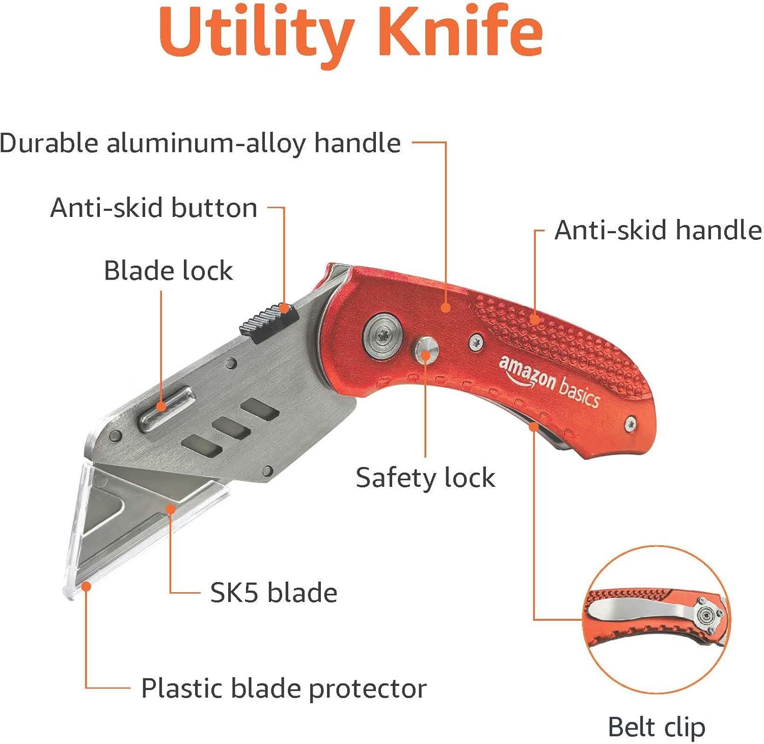 This image breaks down the utility knife's physical components and structural features to help shoppers understand what the product is made of and how each…