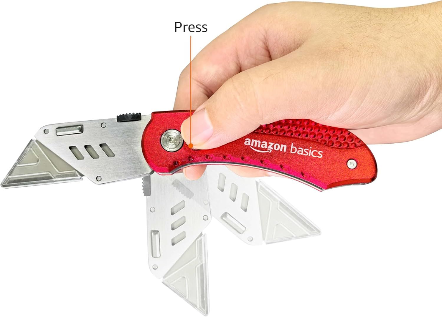 Demonstrates how to open and deploy the utility knife blade by pressing the button, showing shoppers the simple one-handed operation mechanism. Highlights the…