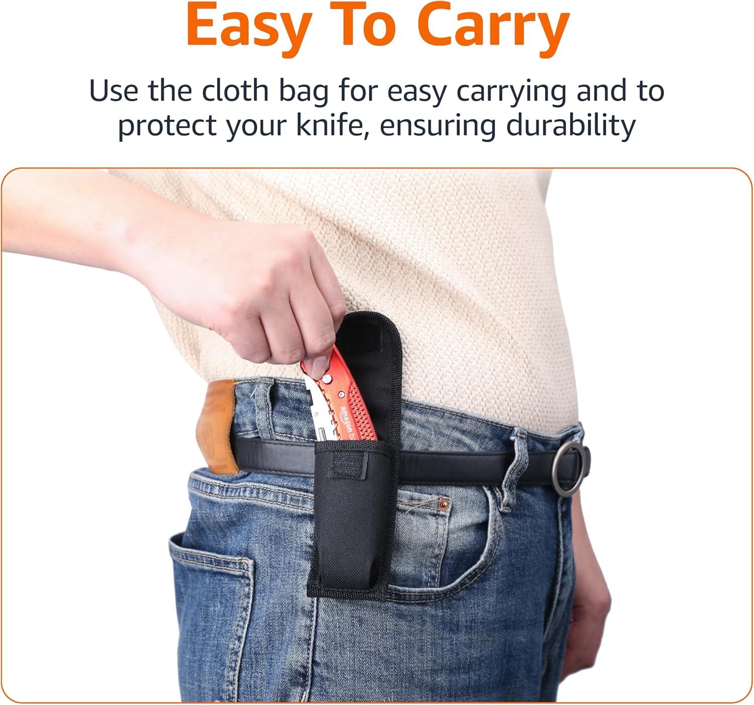 Demonstrates the convenience of the included cloth bag for carrying and protecting the knife, emphasizing portability and durability.