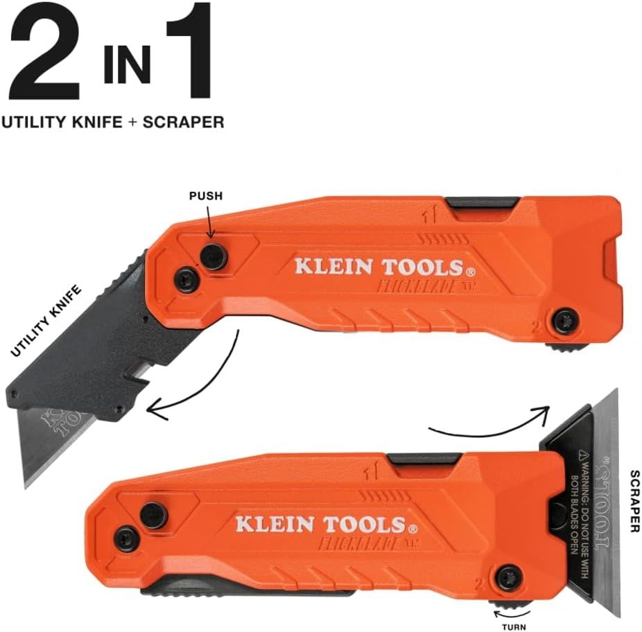 Demonstrates the dual functionality of the tool by showing how it transforms between a utility knife and scraper, with labeled callouts pointing to key…
