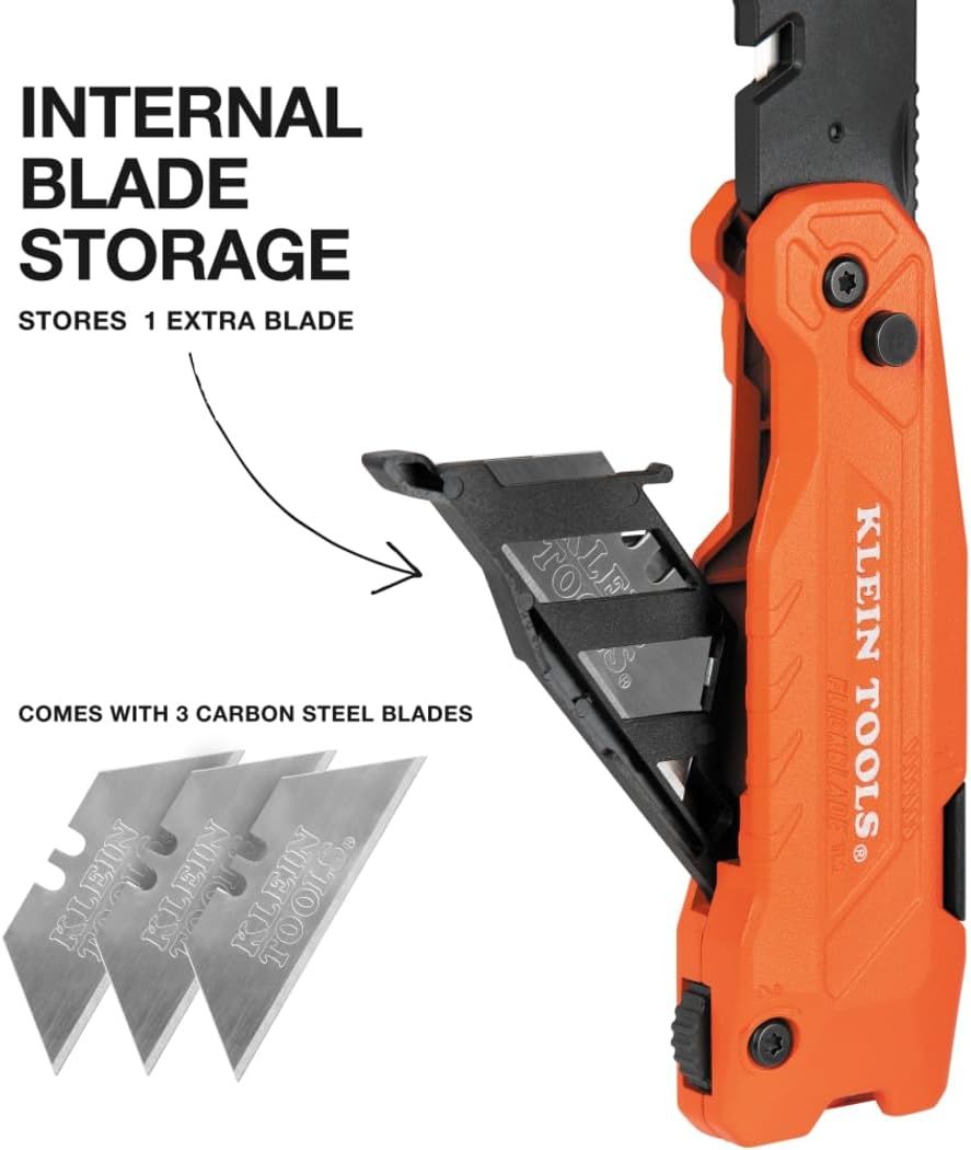 Highlights the product's internal blade storage compartment that stores 1 extra blade, and shows that it comes with 3 carbon steel blades, reassuring shoppers…