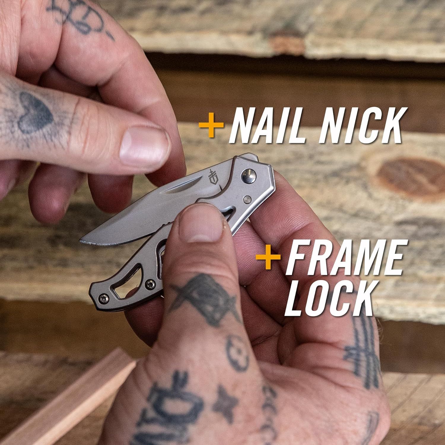 Highlights the key functional components of the folding knife—the nail nick for blade deployment and the frame lock mechanism for safety—to educate shoppers…