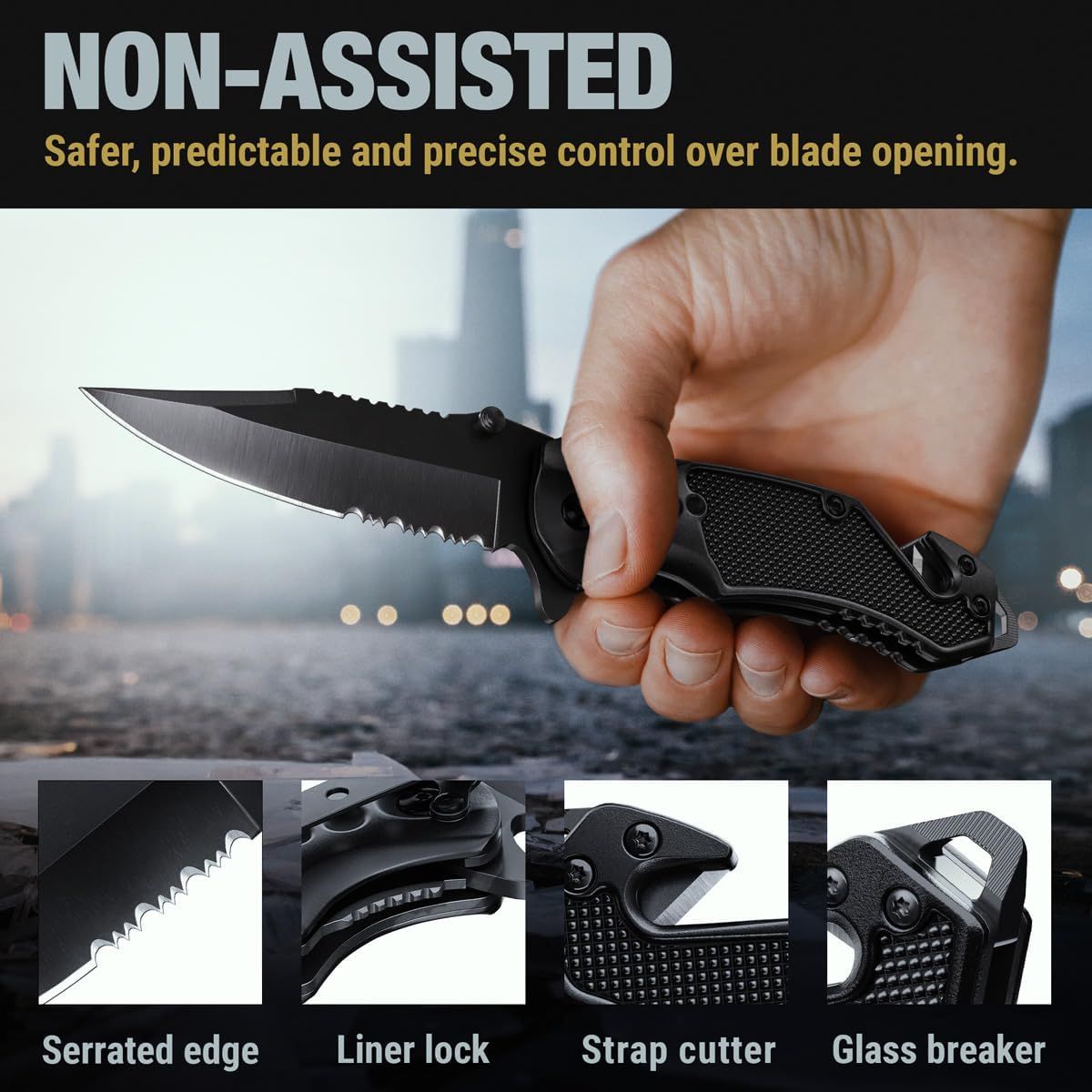Breaks down the knife's key physical components and features to help shoppers understand the product's construction and built-in tools. Highlights multiple…