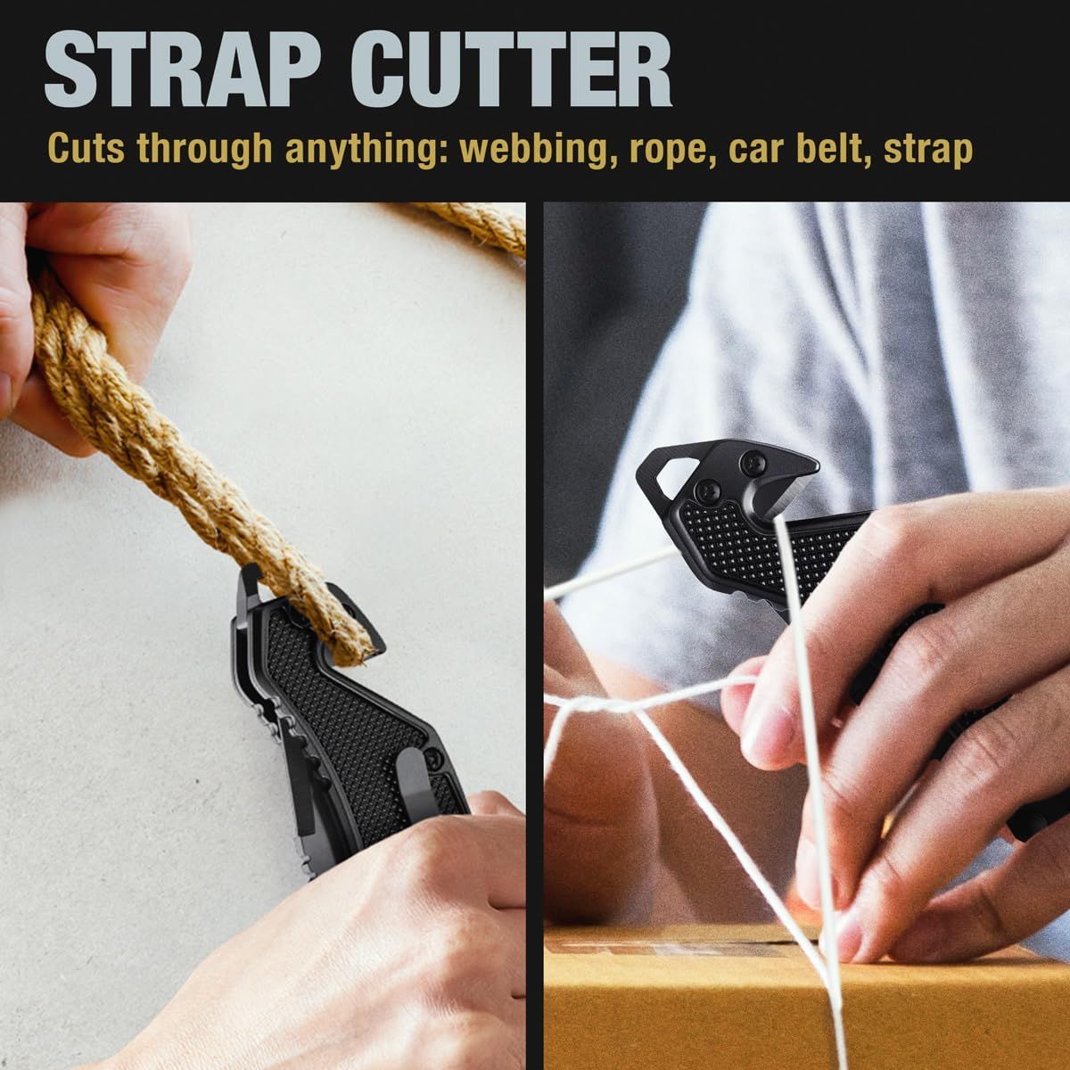 Demonstrates the product's versatility by showing it can cut through multiple types of materials (rope, webbing, straps) in different real-world scenarios, reassuring shoppers of its broad utility.…