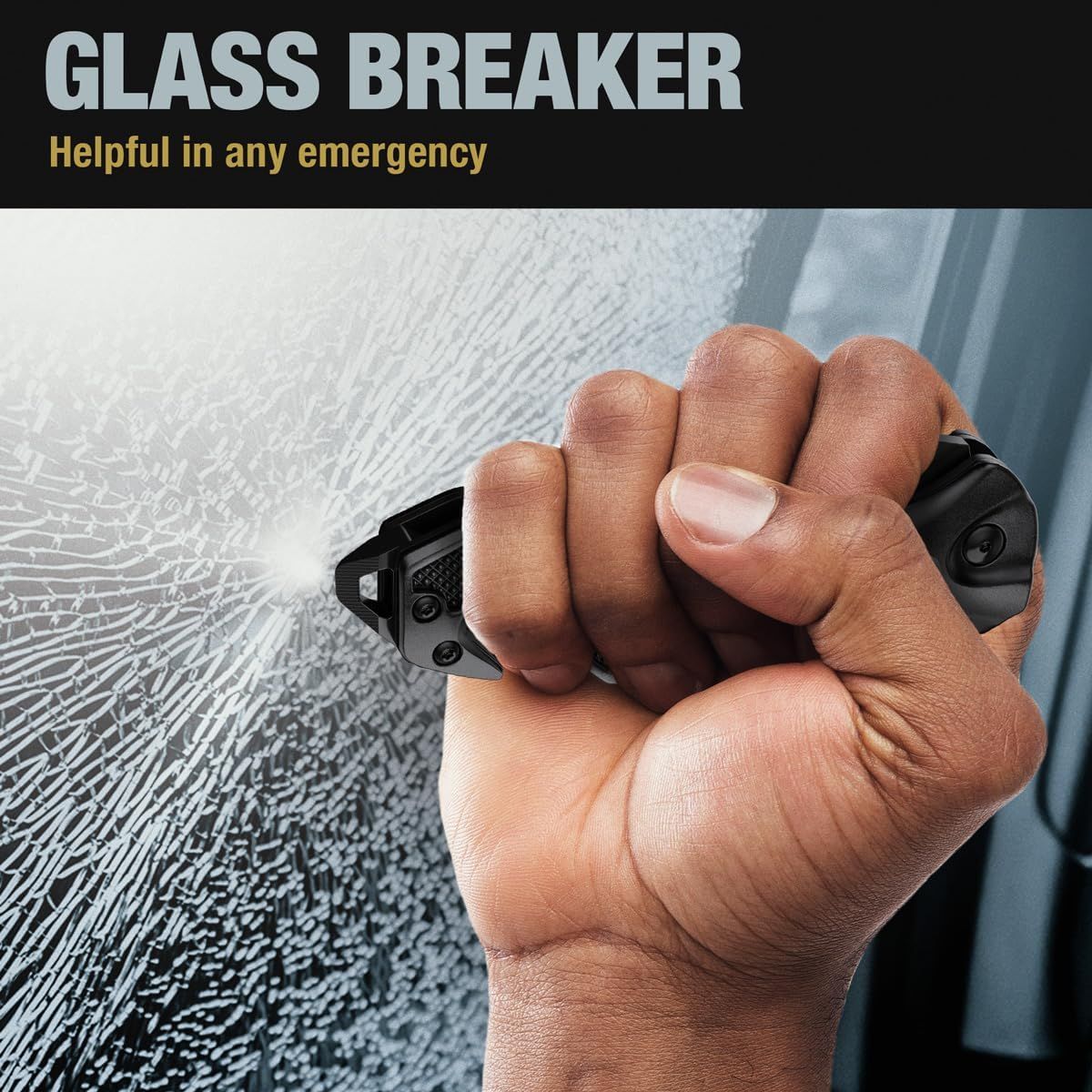 Demonstrates the glass breaker feature as a critical emergency safety tool, reassuring shoppers that the product can help them escape dangerous situations. Highlights the product's glass-breaking…