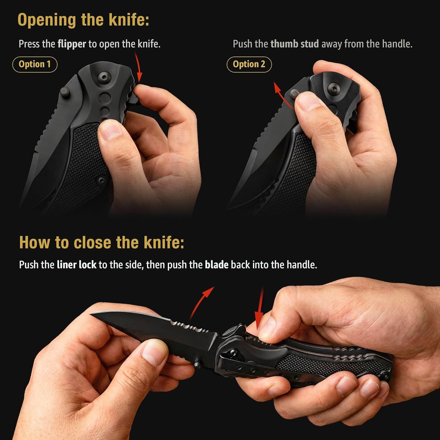 Provides step-by-step instructions on how to safely open and close the folding knife, helping shoppers understand the product's operation and ease of use.