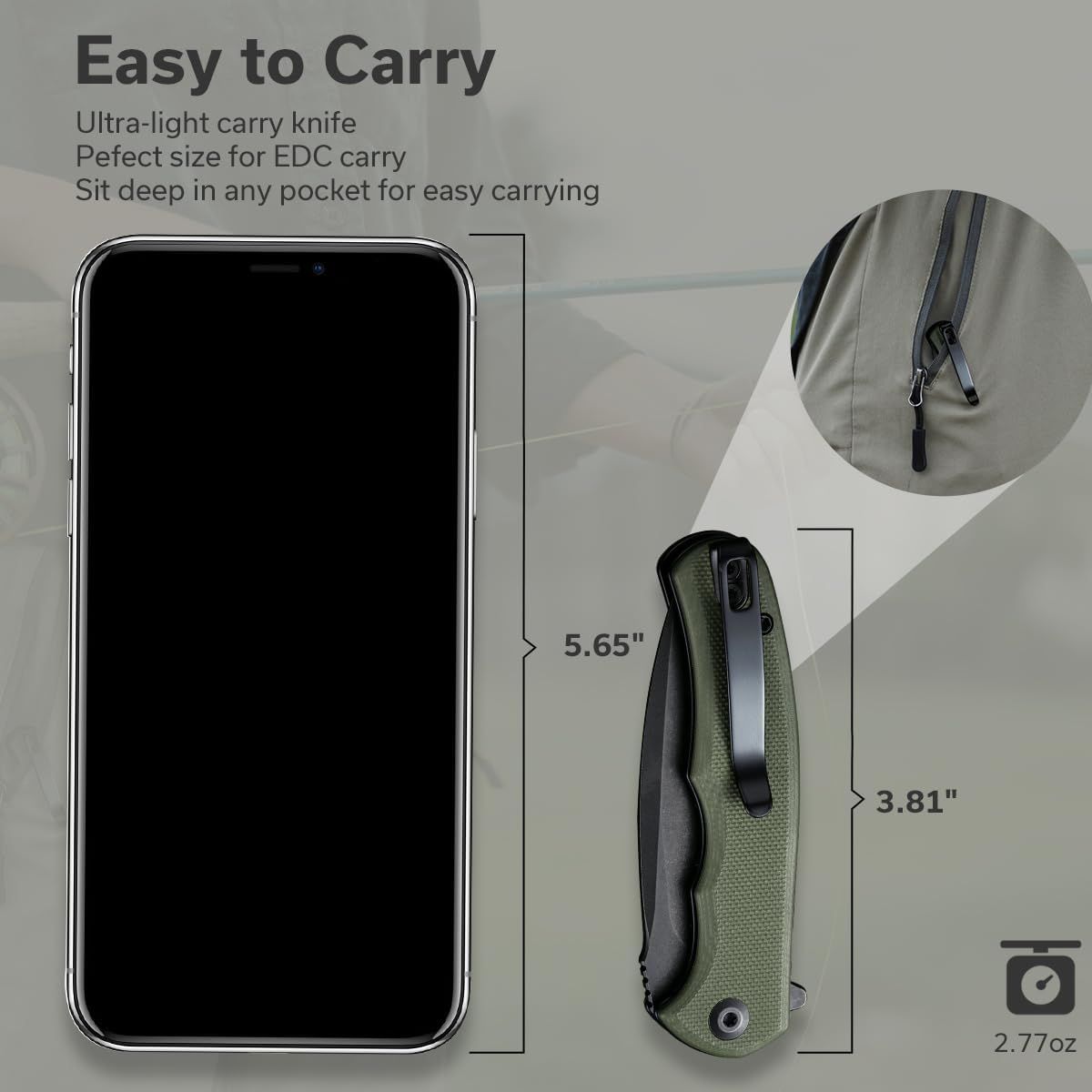 Demonstrates the knife's compact size and ultra-light weight compared to a smartphone, reassuring shoppers it's pocket-friendly and perfect for EDC carry.…