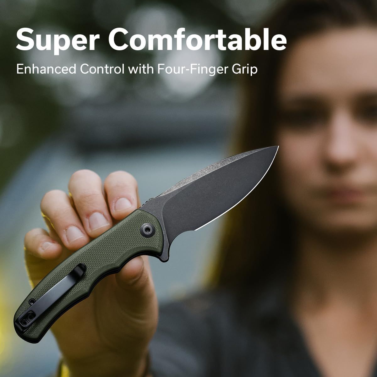 Highlights the knife's comfortable four-finger grip design to reassure shoppers that the product offers enhanced control and ergonomic handling during use.