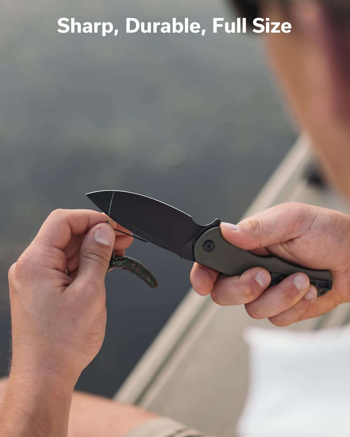 Communicates three distinct product benefits (sharpness, durability, and full-size design) to reassure shoppers of the knife's quality and functionality.