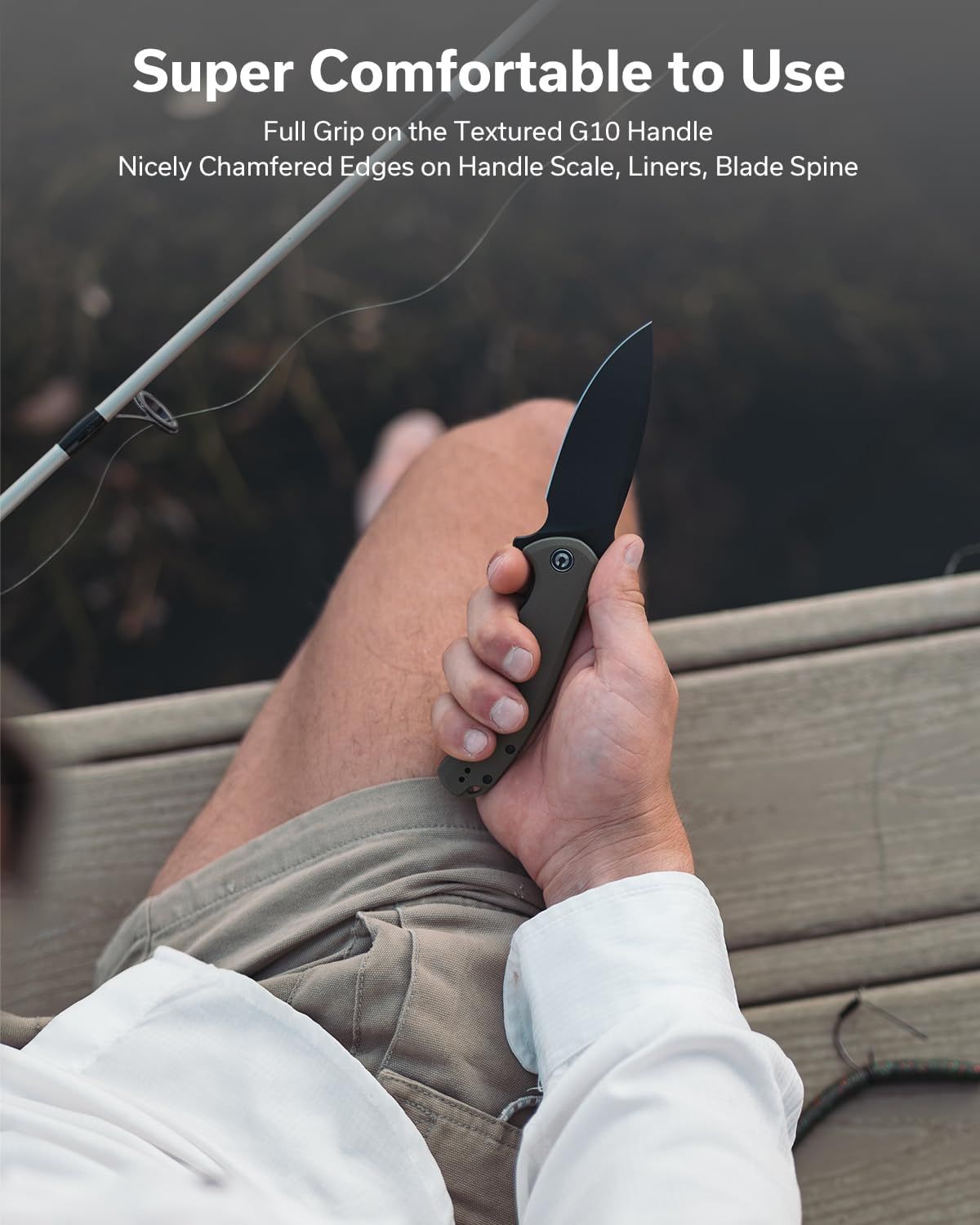 Communicates the knife's superior comfort and ergonomic design through its textured handle and chamfered edges, reassuring shoppers that it's comfortable to…