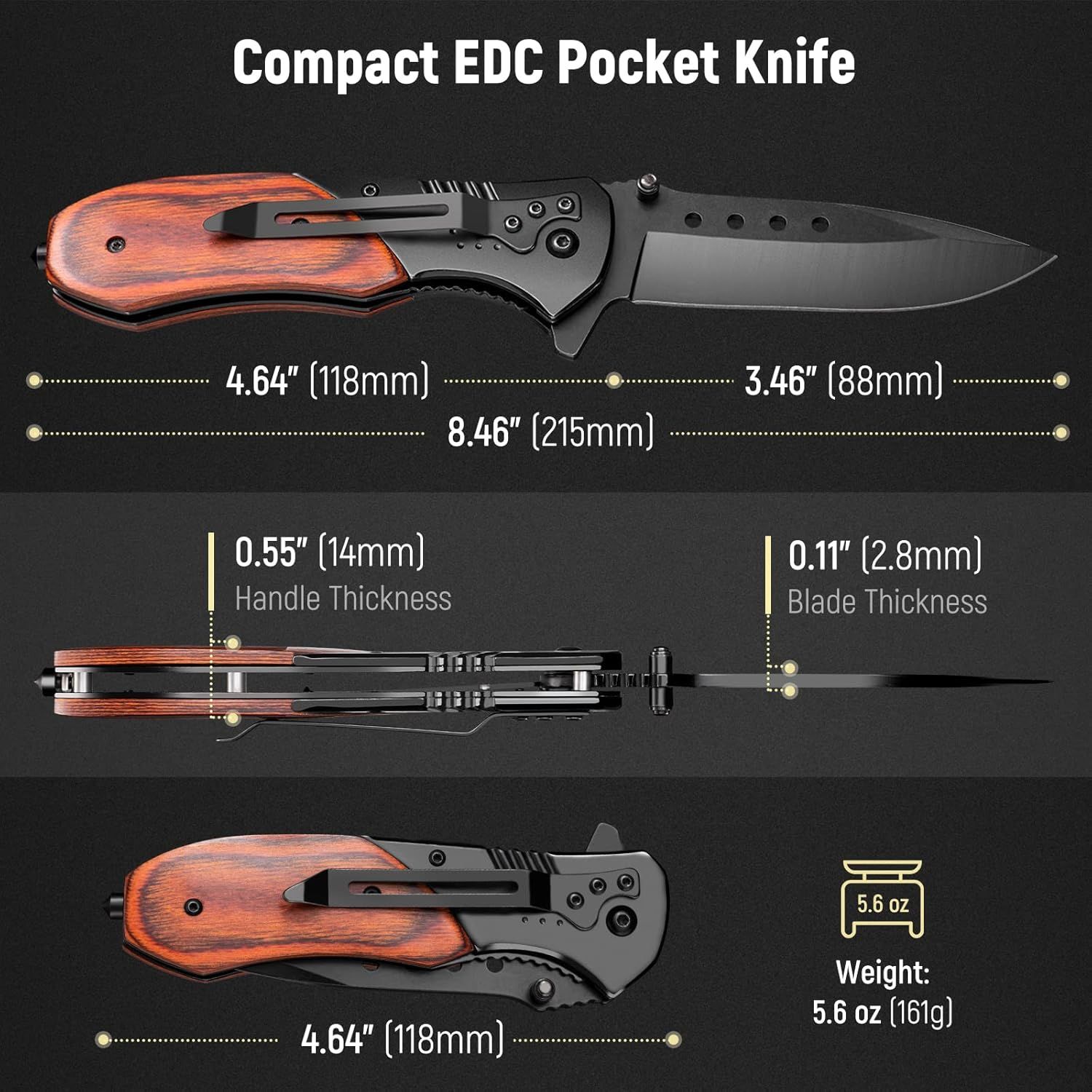 Provides detailed physical measurements of the pocket knife to help shoppers understand its compact size and portability for EDC use.