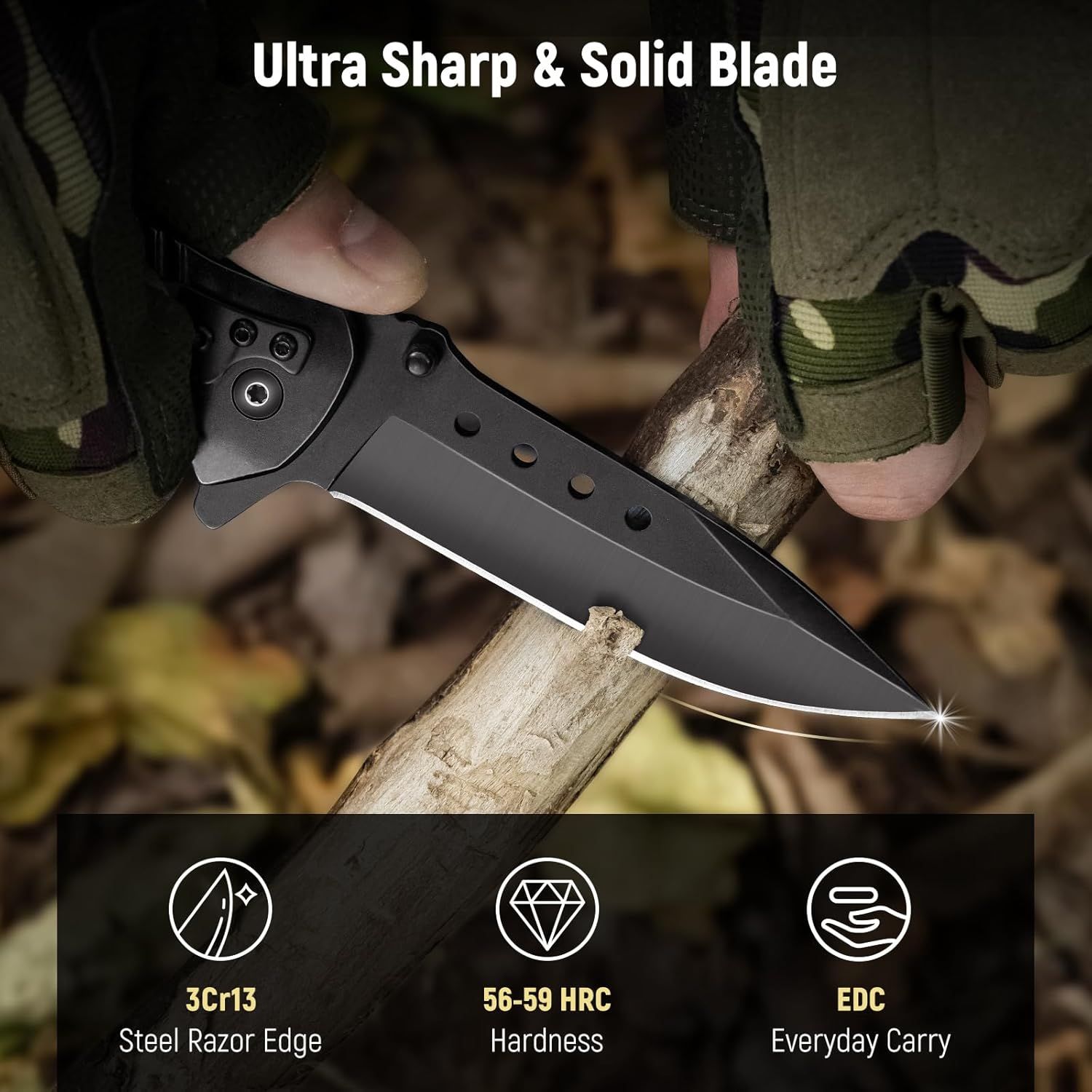 Communicates multiple key benefits of the knife including blade sharpness, steel quality, hardness rating, and everyday carry suitability to reassure shoppers…