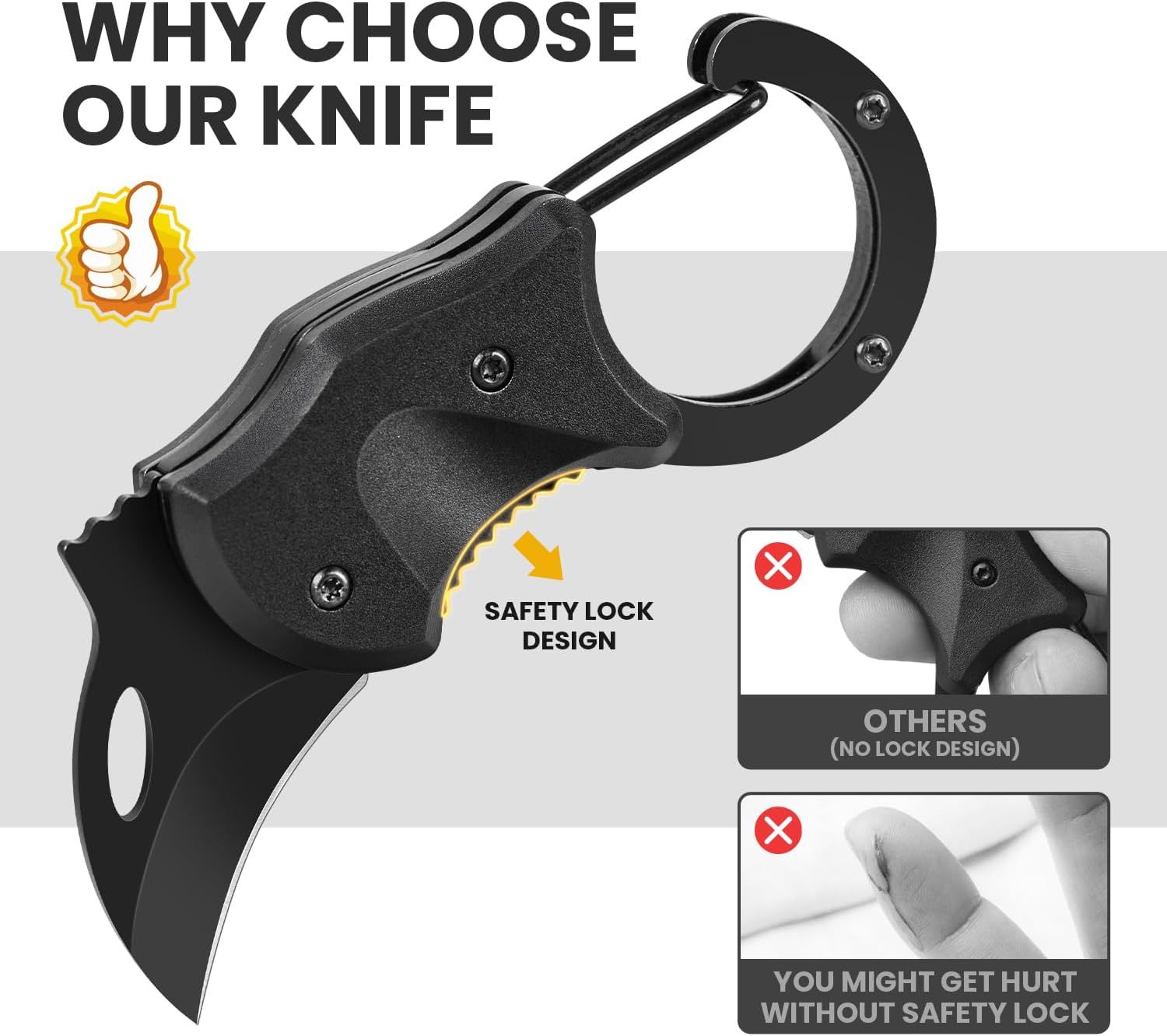 Demonstrates why this knife is superior to competing products by highlighting its unique safety lock feature and contrasting it with competitors that lack…