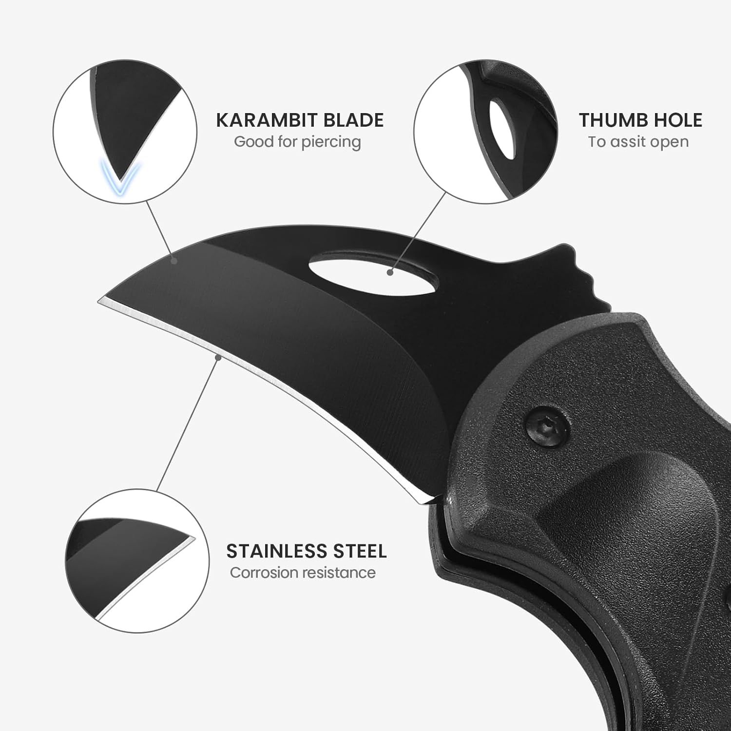 Breaks down the physical components of the knife to educate shoppers on its construction and functional design elements.