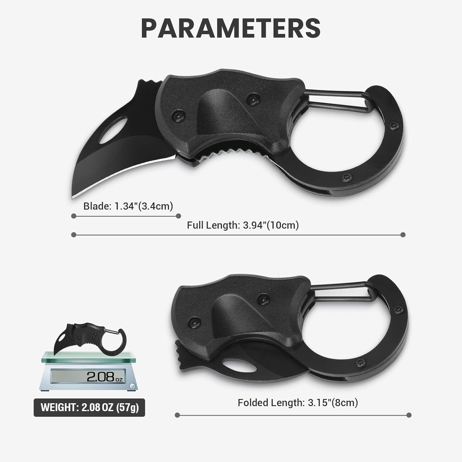 Provides exact measurements of the product's blade length, full length, folded length, and weight to help shoppers understand the physical size and…