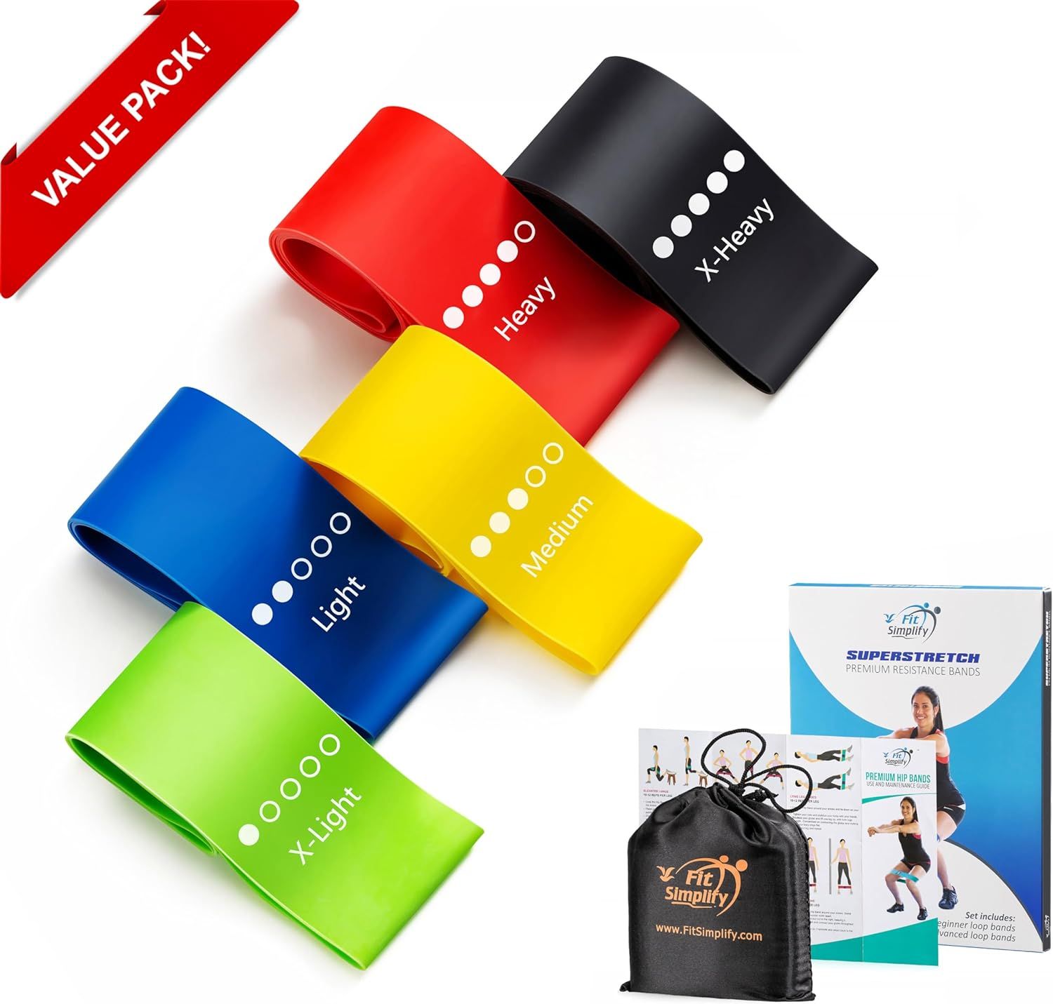 Shows everything included in the value pack: five resistance bands with different resistance levels (X-Light to X-Heavy), a carrying bag, and instructional…