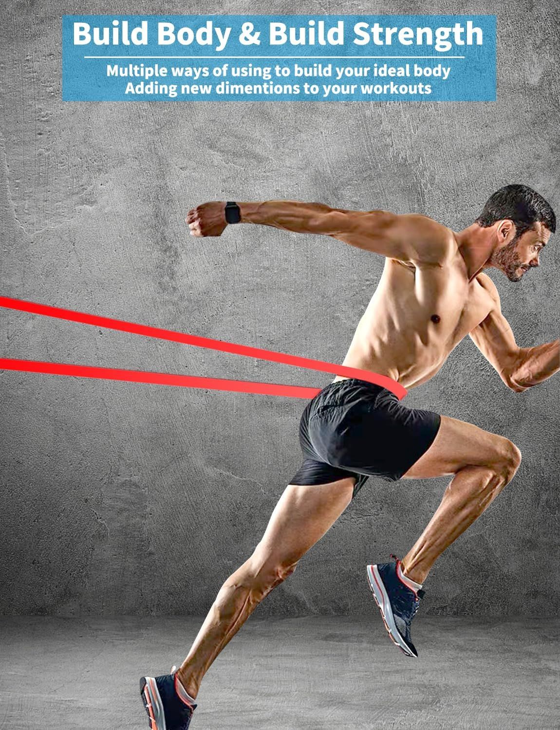 Demonstrates the versatility of the resistance band product by showing it can be used for multiple types of workouts to build body and strength, reassuring shoppers of its multi-purpose…
