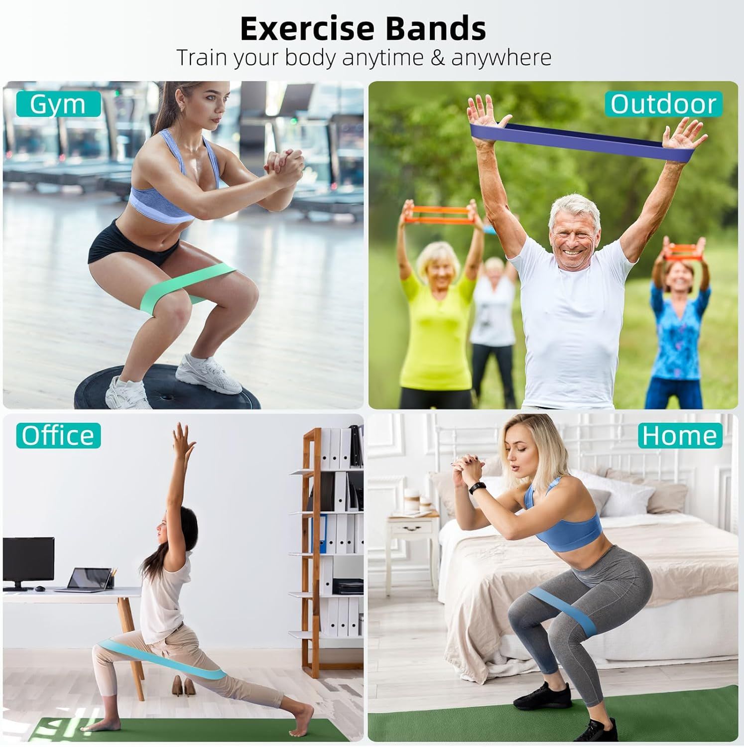 Demonstrates that the exercise bands can be used in multiple settings (gym, outdoor, office, home) to reassure shoppers of the product's versatility and convenience for training anytime and anywhere.