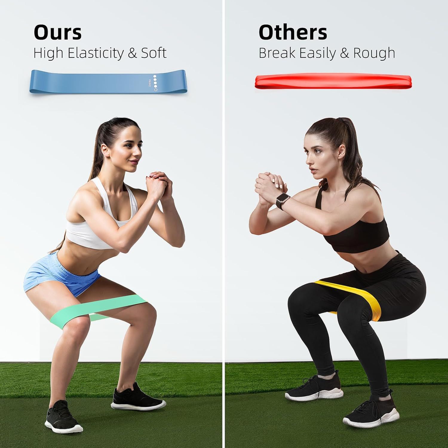 Demonstrates the superior quality and durability of this brand's resistance band compared to competitors, showing that it is soft and elastic while others…