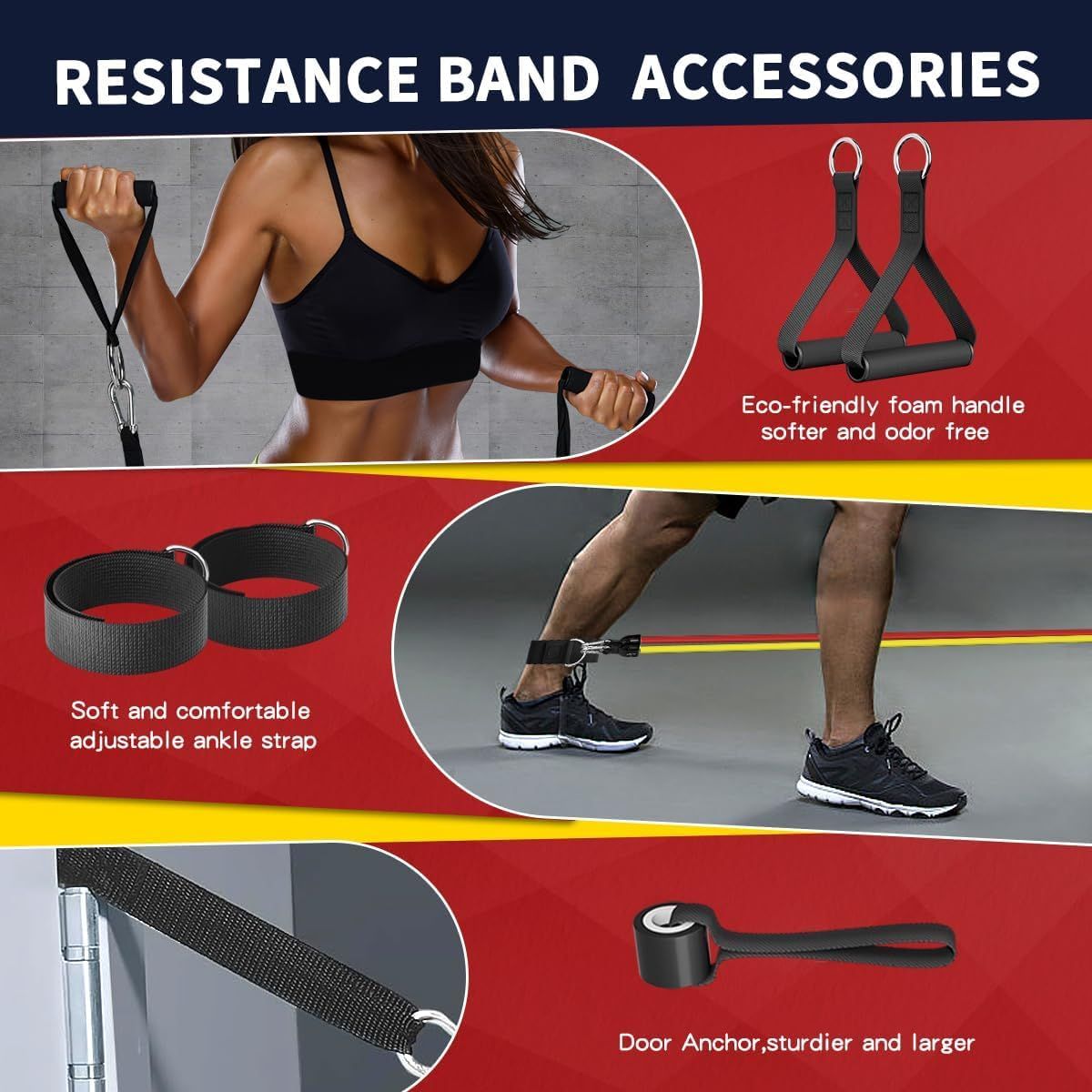 Shows all the accessories included with the resistance band system, highlighting the variety of attachments (foam handles, ankle straps, door anchor) to…
