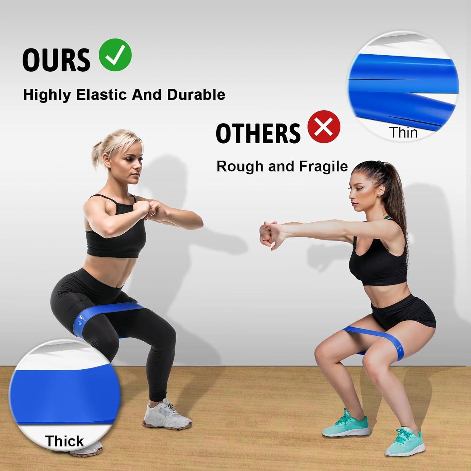 Demonstrates that this product's resistance bands are thicker, more elastic, and more durable than competing products, reassuring shoppers of superior quality…