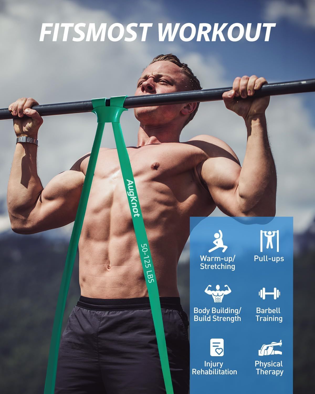 Demonstrates the versatility of the resistance band by showing six different workout applications: warm-up/stretching, pull-ups, body building/strength training, barbell training, injury…