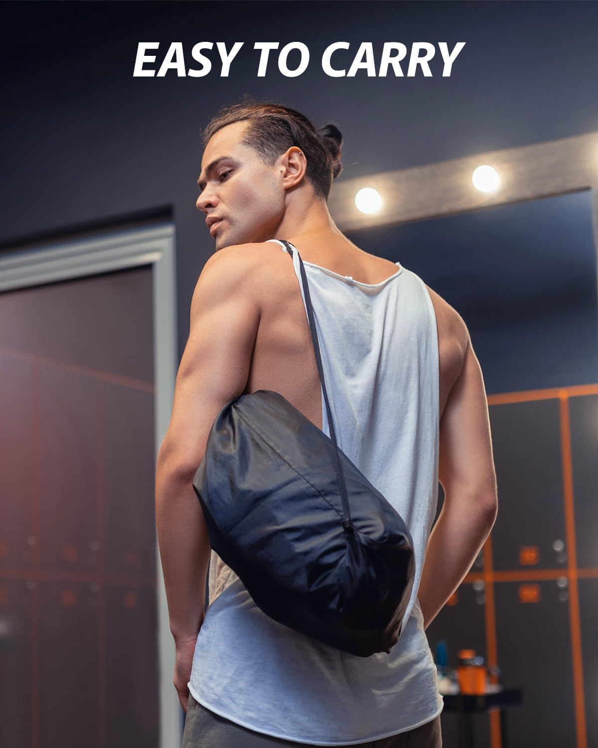 Demonstrates that the product is lightweight and easy to carry, emphasizing convenience and portability for active users.