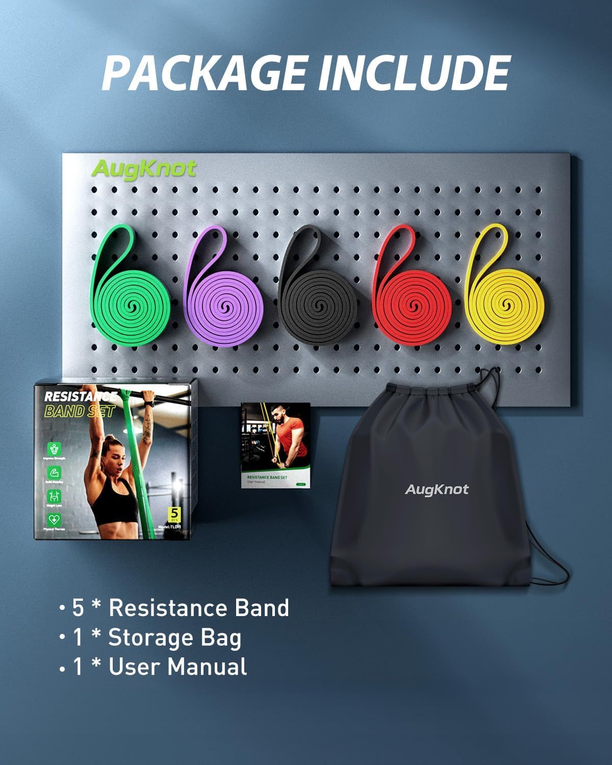 Shows everything included in the package to help shoppers understand the complete bundle they will receive, including resistance bands, storage bag, and user…