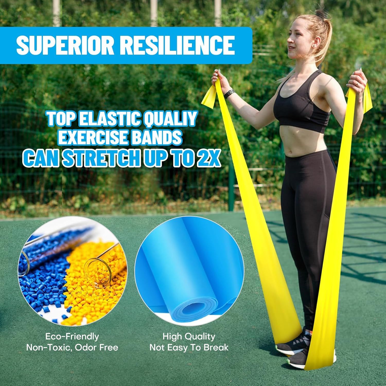Communicates multiple key selling benefits of the exercise bands including superior resilience, 2X stretch capability, eco-friendly materials, and durability…