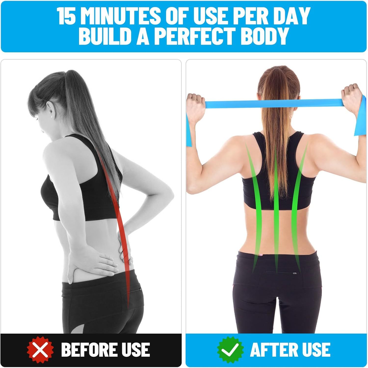 Demonstrates the physical transformation and posture improvement results achievable by using the resistance band product for just 15 minutes per day, visually…