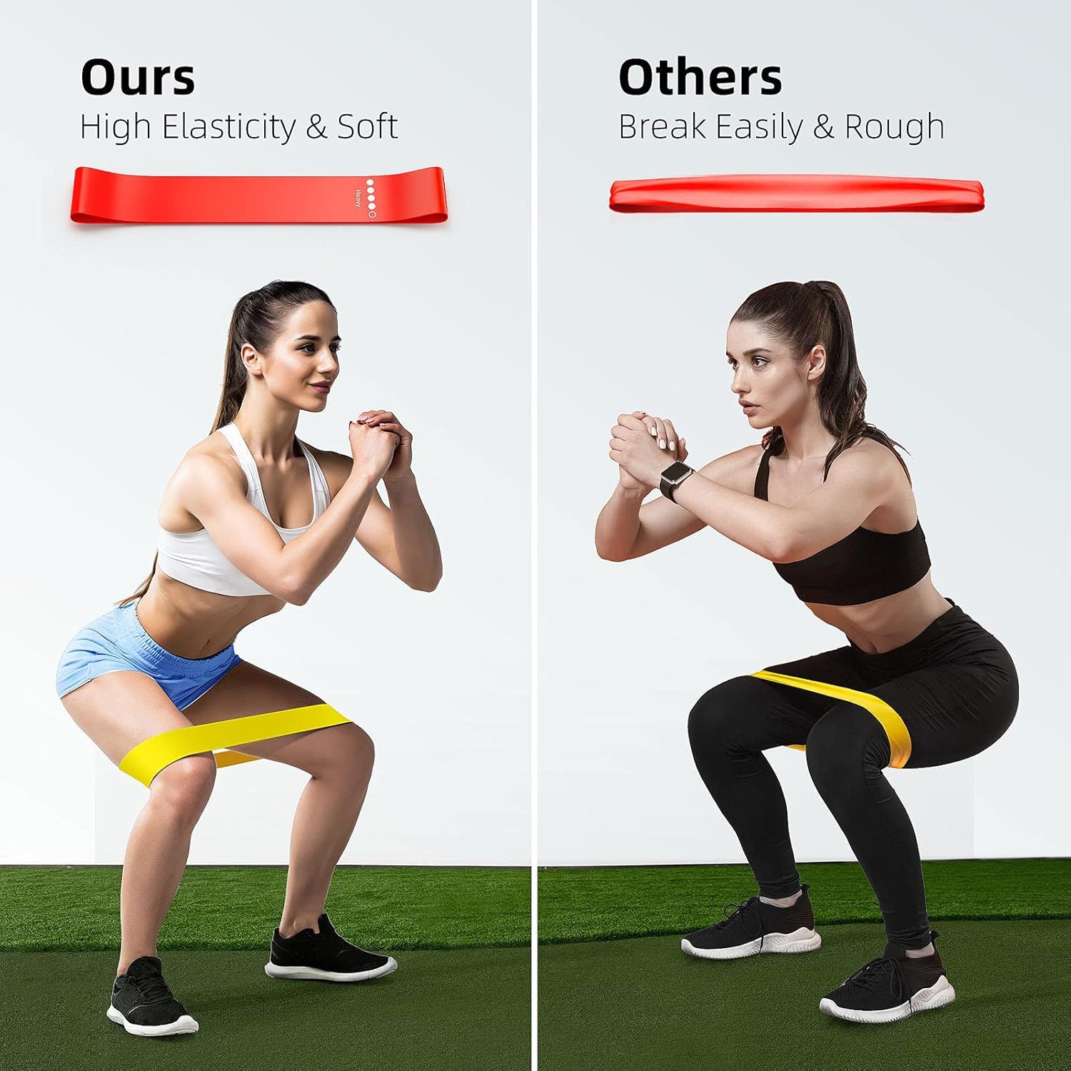 Demonstrates the superior elasticity and durability of this brand's resistance band compared to competing products that break easily and feel rough.…