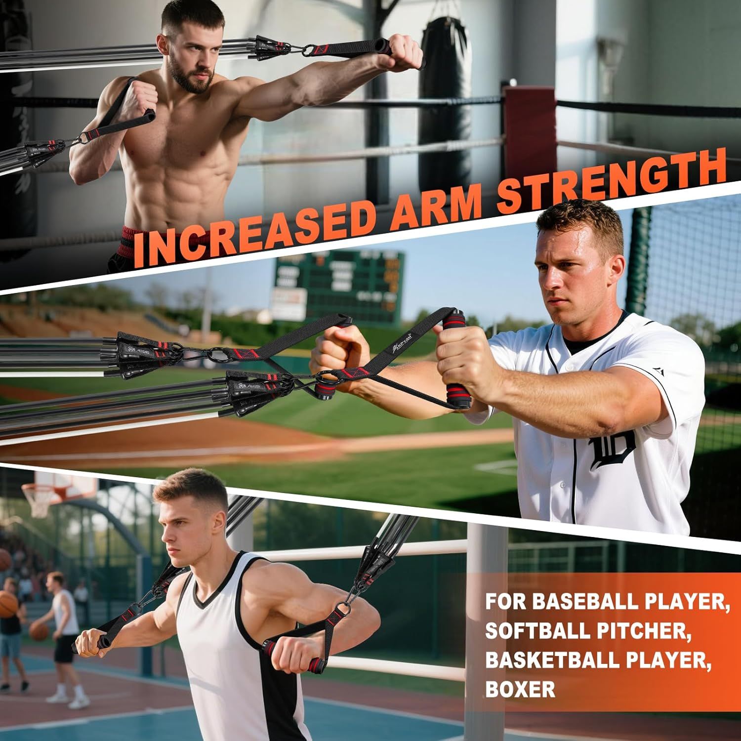 Demonstrates the product's versatility by showing it can be used across multiple sports and training contexts (boxing, baseball, basketball), reassuring shoppers that it's suitable for various…