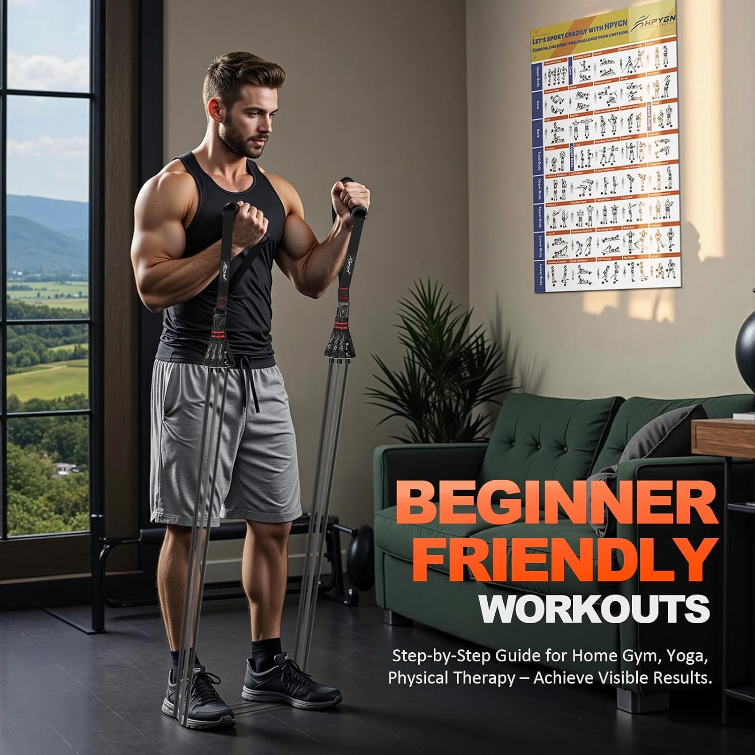 Communicates that the product is accessible and easy to use for beginners, offering step-by-step guidance for home gym, yoga, and physical therapy to help…