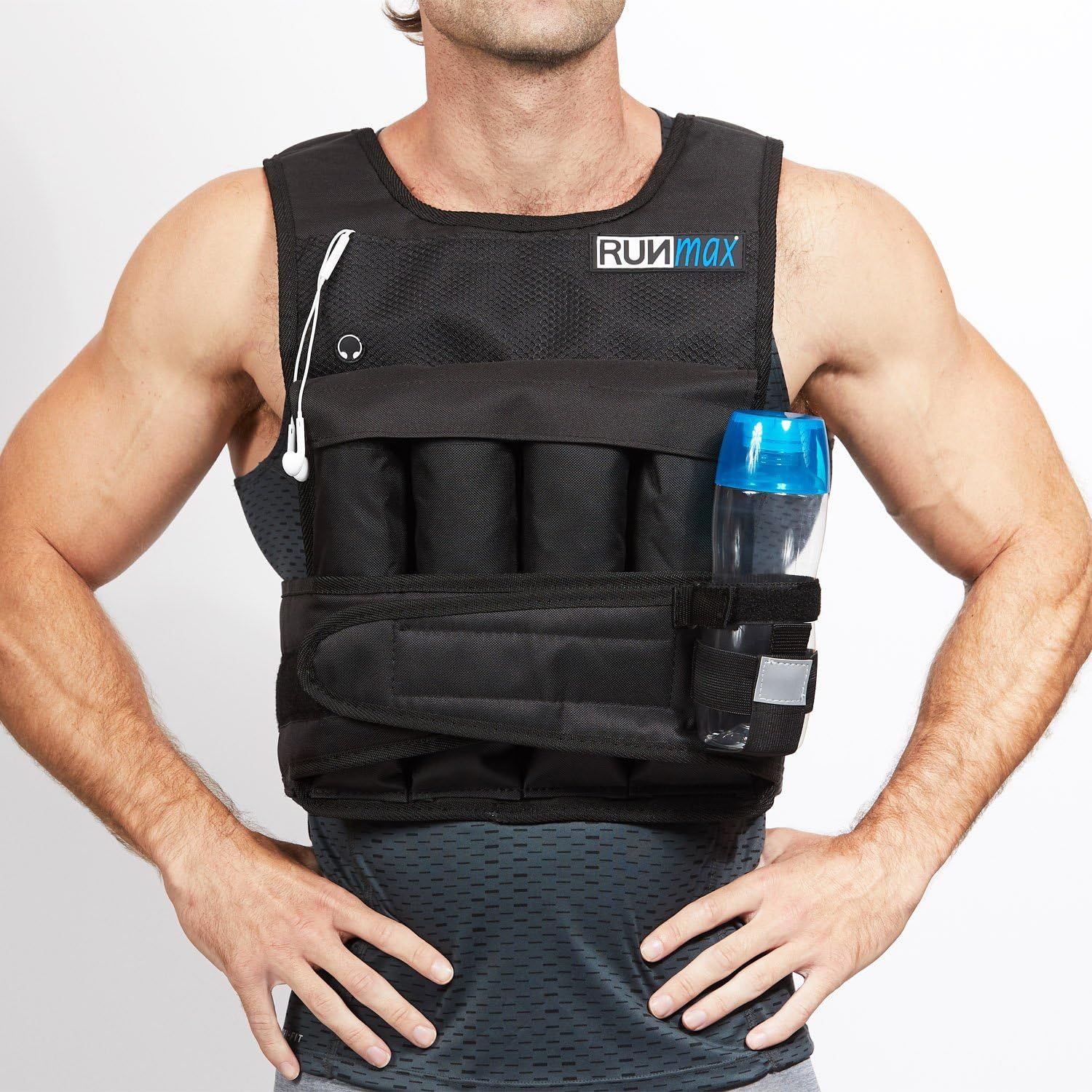 Highlights the functional design elements and storage features of the weighted running vest, showing shoppers where they can store items and how the vest is…