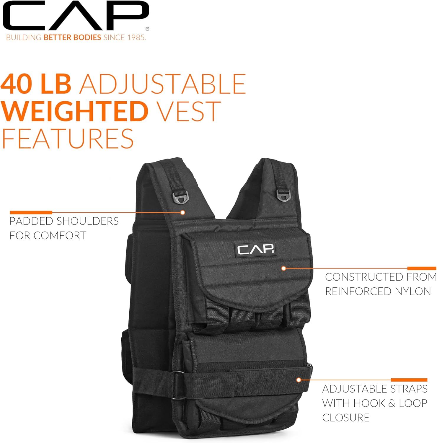 This image breaks down the physical components and construction features of the weighted vest to help shoppers understand the product's build quality, comfort features, and adjustability.