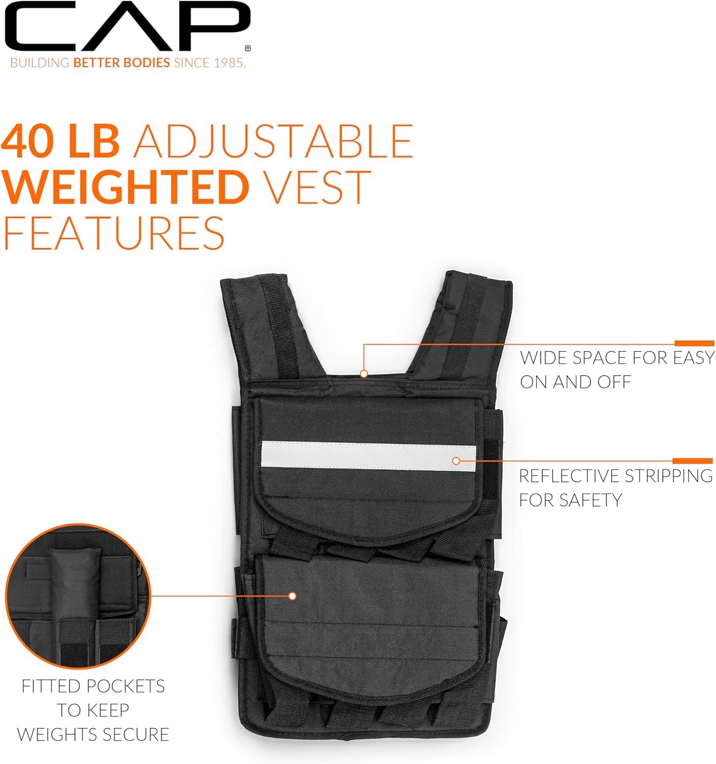 This image breaks down the key physical features and design elements of the weighted vest, helping shoppers understand the product's construction and functional components.