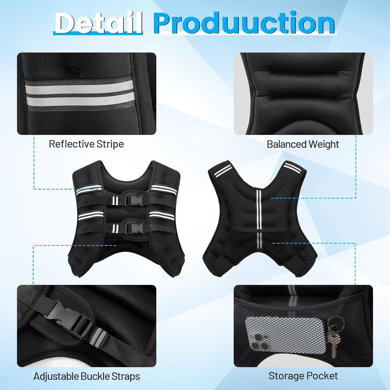 This image breaks down the weighted vest by highlighting its key physical components and design features, helping shoppers understand the construction and functional elements of the product.