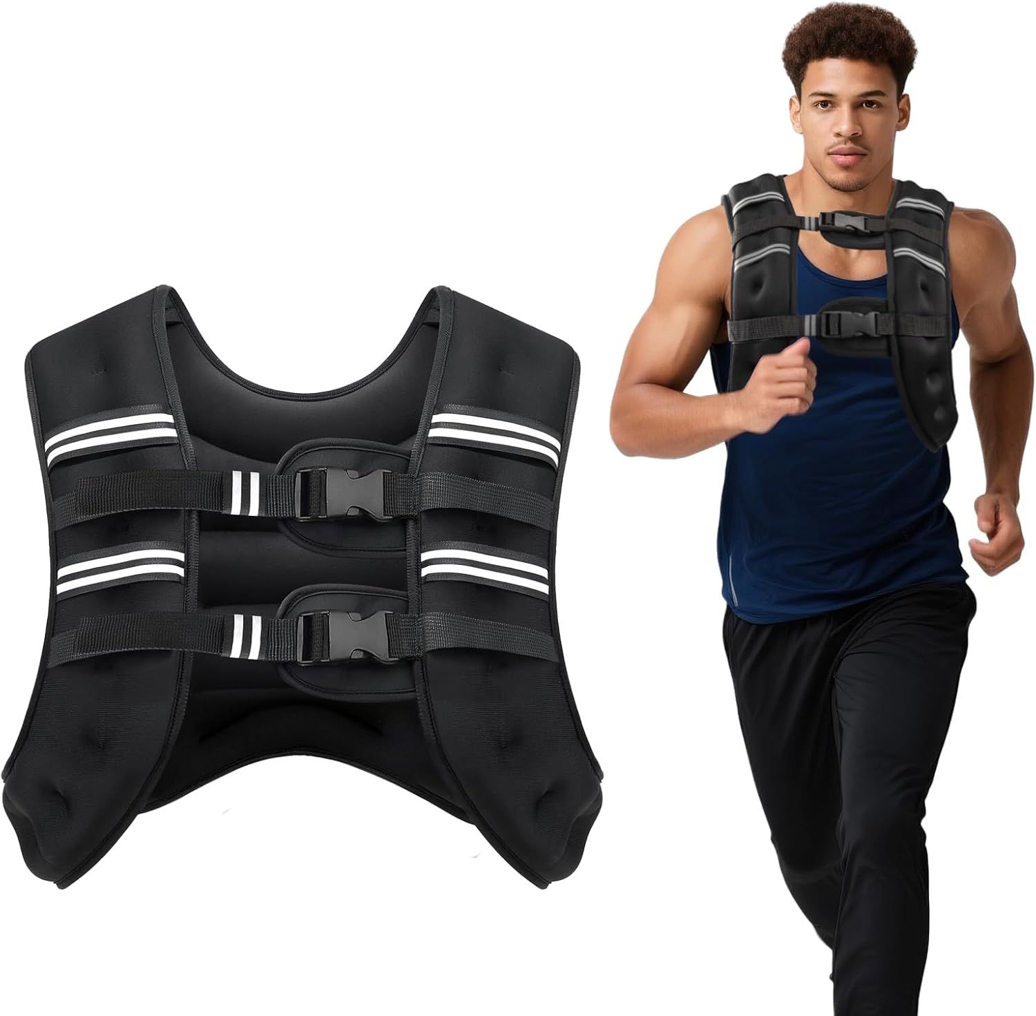 Shows the weighted vest being worn during exercise to help shoppers visualize how the product looks and fits during actual use.