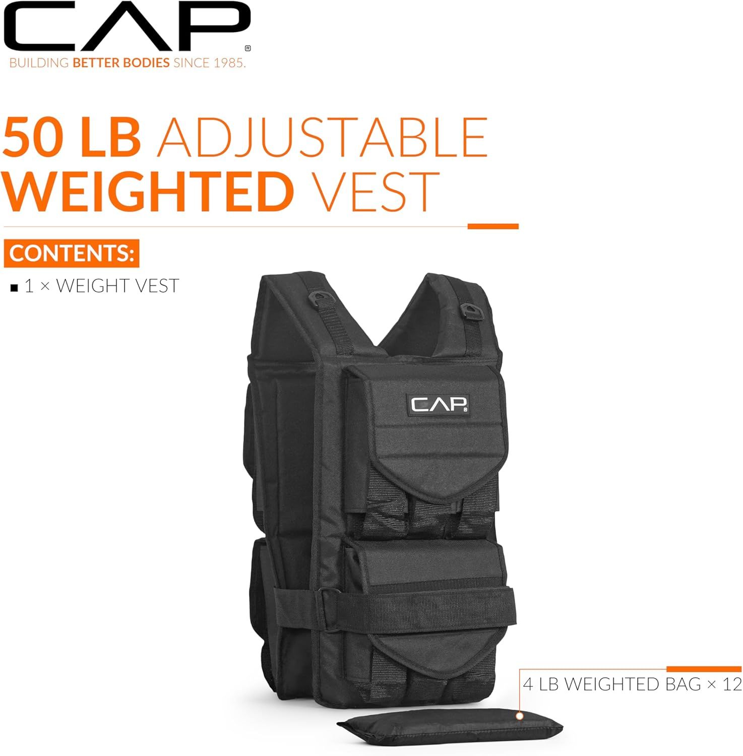 Shows the customer exactly what they will receive in the package: the 50 LB adjustable weighted vest and twelve 4 LB weighted bags, helping them understand the complete kit contents.
