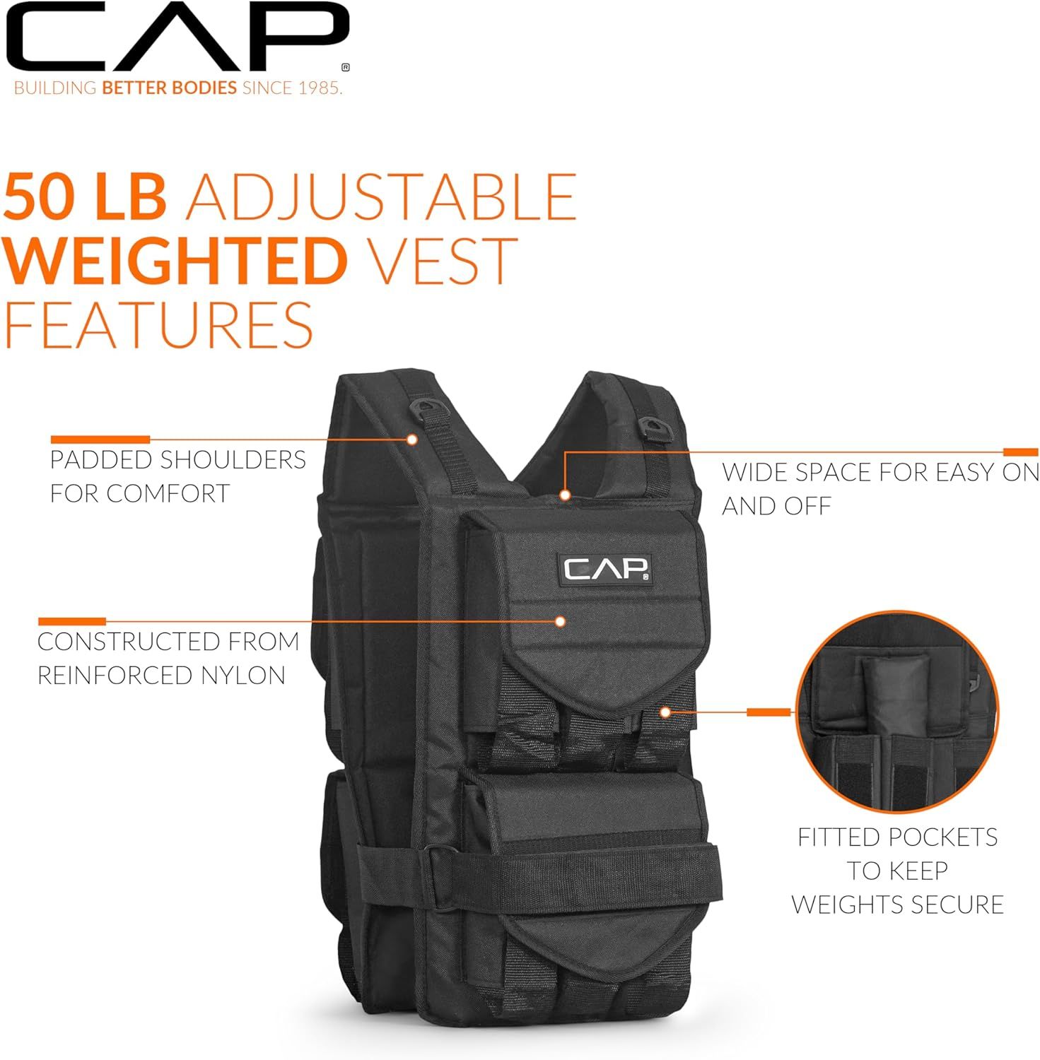 This image breaks down the key structural components and design features of the weighted vest to help shoppers understand its construction, comfort features, and functional elements.