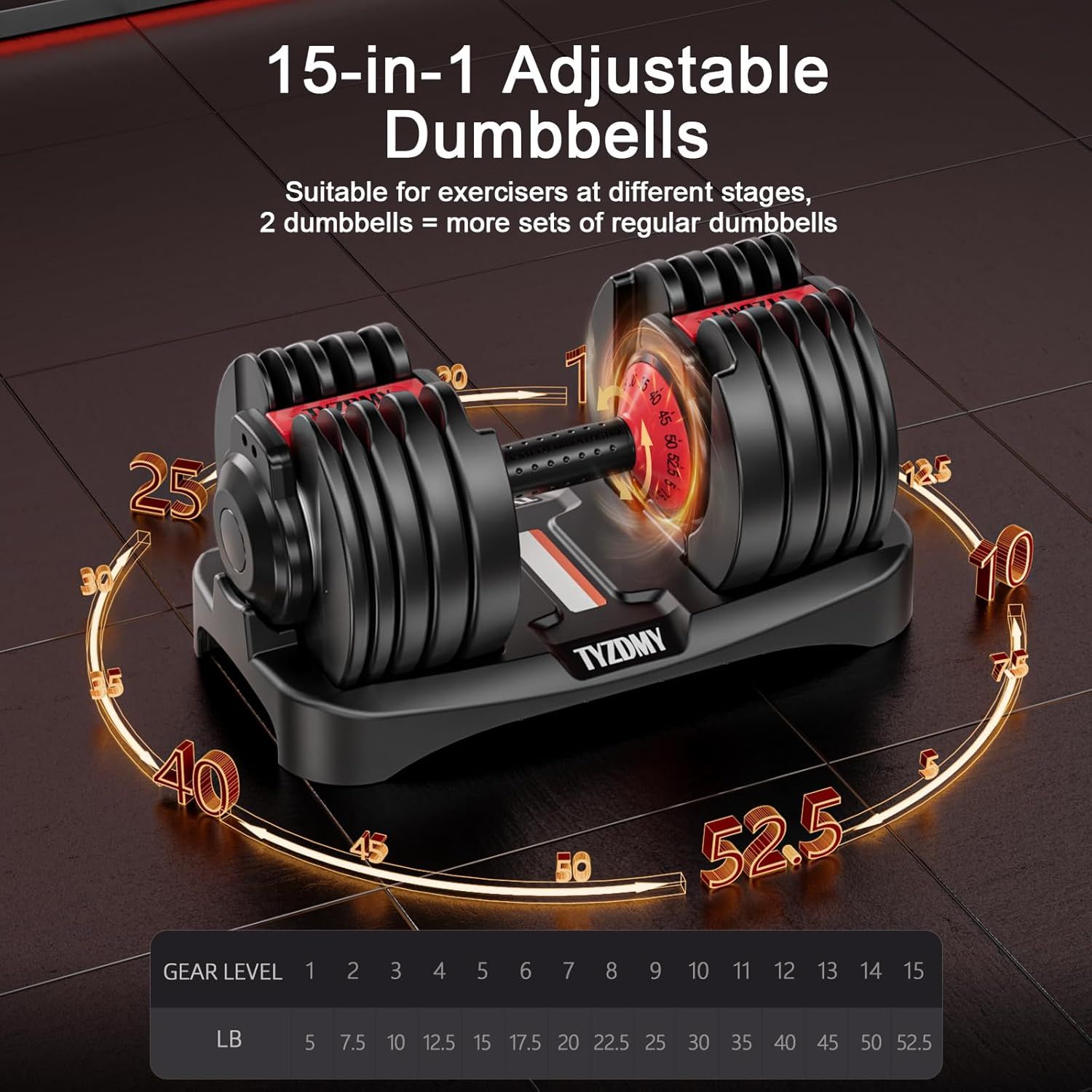 Communicates the product's versatility through its 15 adjustable weight settings, emphasizing that two dumbbells can replace multiple sets of regular dumbbells, making it space-efficient and…