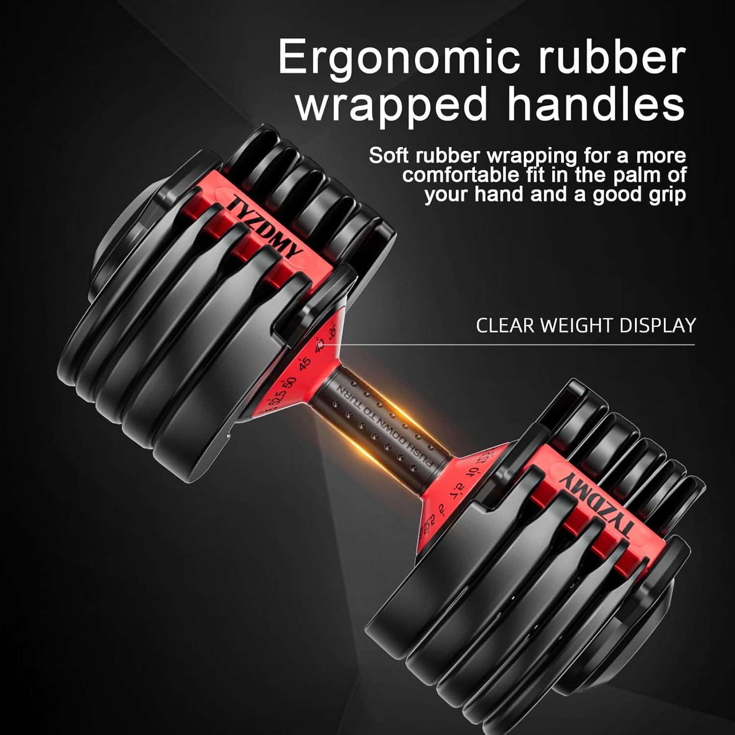 Highlights two distinct product features—the ergonomic comfort grip and the clear weight display—to communicate both usability and convenience to shoppers.