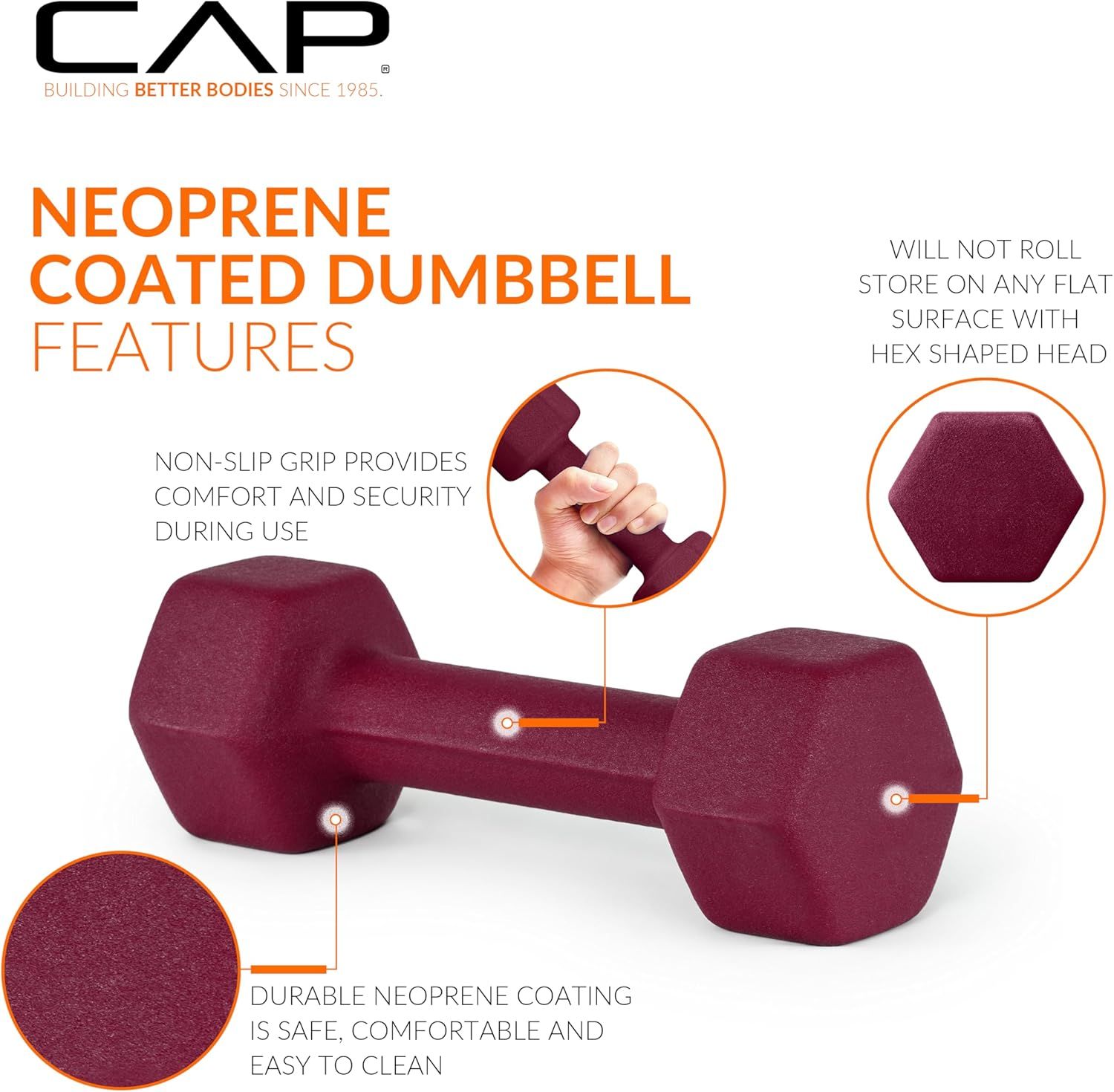 This image breaks down the physical features of the dumbbell to show shoppers what makes it functional and well-designed, highlighting the neoprene coating, non-slip grip, hex-shaped head for…