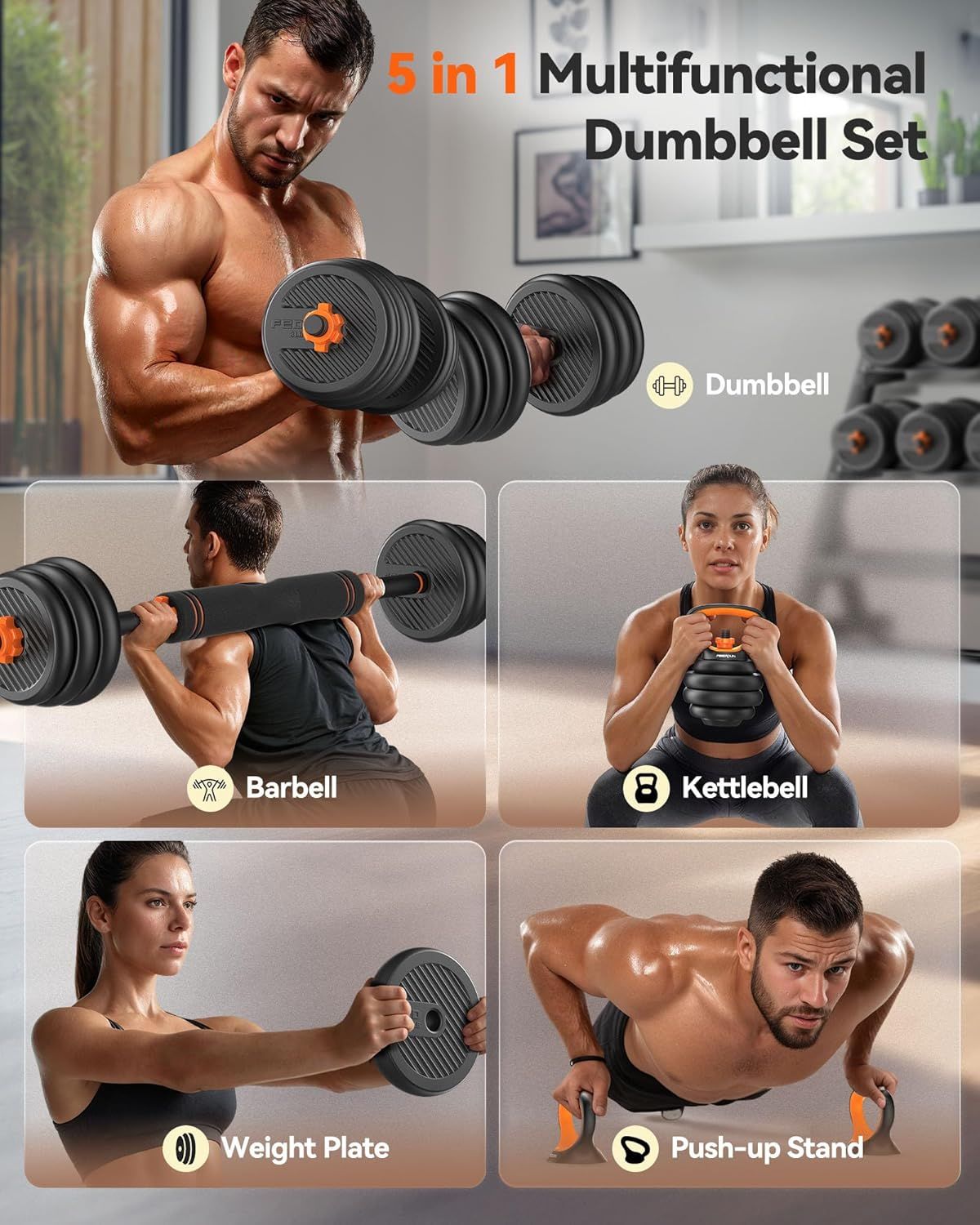 Demonstrates the versatility of the product by showing five different ways it can be used for various workout exercises, reassuring shoppers of its multi-purpose value.