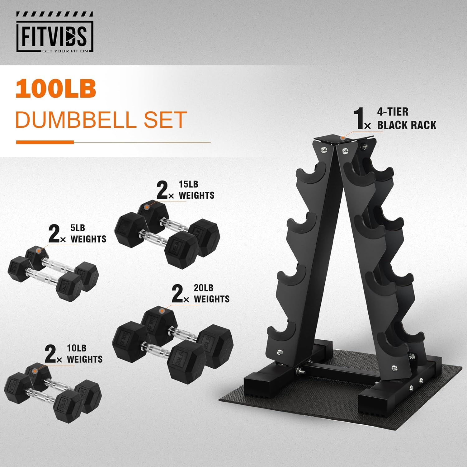 Shows the shopper everything included in the purchase: multiple pairs of dumbbells at different weights (5lb, 10lb, 15lb, 20lb) and a 4-tier storage rack, helping them understand the complete value…