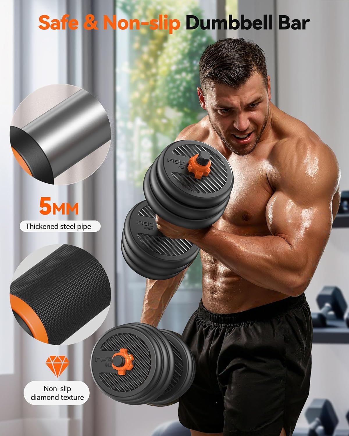 Highlights multiple safety and durability features of the dumbbell bar through visually segmented callouts, reassuring shoppers of quality construction and…